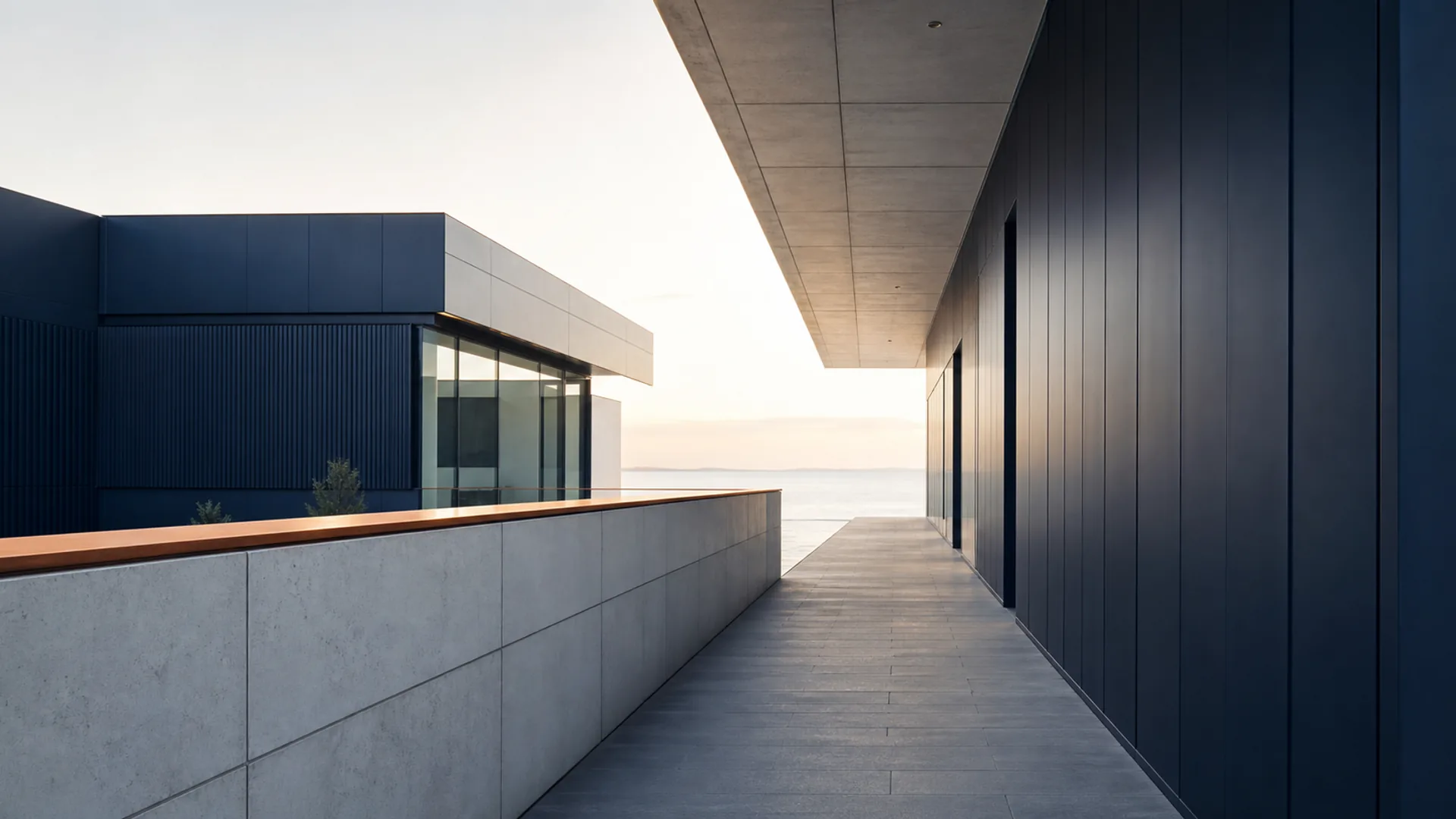 Contemporary architecture with structural lines leading towards a clear horizon